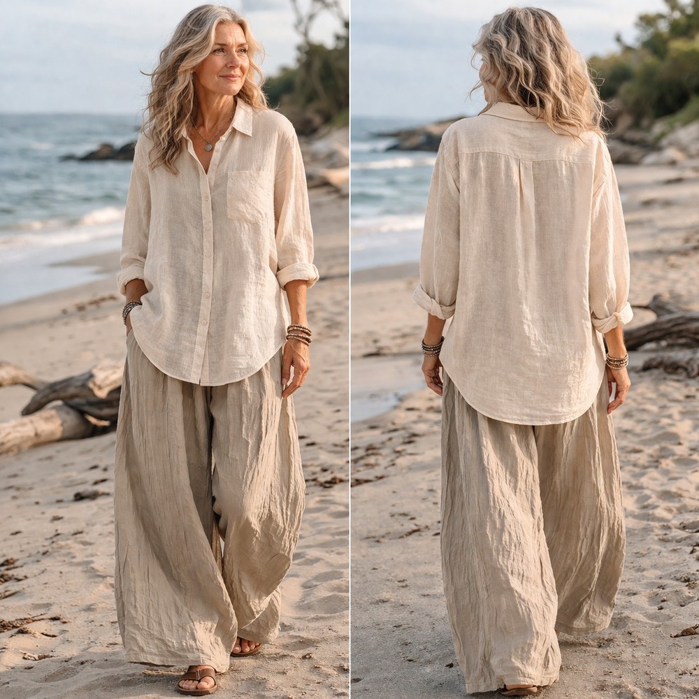 H&M Womens 100% Linen Button Up Shirt M Natural Long Sleeve Capsule Minimalist